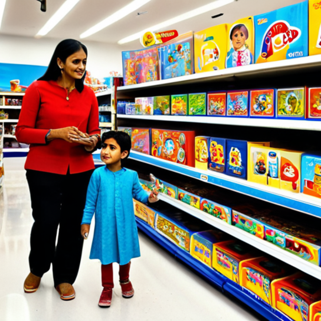 Toy Store Scene**
A brightly lit toy store filled with diverse toys. A mother, fully clothed in modest Indian attire, is browsing with her child. The child, also fully clothed, is pointing excitedly at a STEM learning kit. Shelves are stocked with colorful educational toys, building blocks, and puzzles. Background includes other families shopping. Focus on safe and appropriate toys for different age groups. Safe for work, appropriate content, fully clothed, family-friendly, professional photography, perfect anatomy, natural proportions.
**