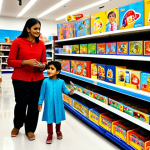 Toy Store Scene**

A brightly lit toy store filled with diverse toys. A mother, fully clothed in modest Indian attire, is browsing with her child. The child, also fully clothed, is pointing excitedly at a STEM learning kit. Shelves are stocked with colorful educational toys, building blocks, and puzzles. Background includes other families shopping. Focus on safe and appropriate toys for different age groups. Safe for work, appropriate content, fully clothed, family-friendly, professional photography, perfect anatomy, natural proportions.

**
