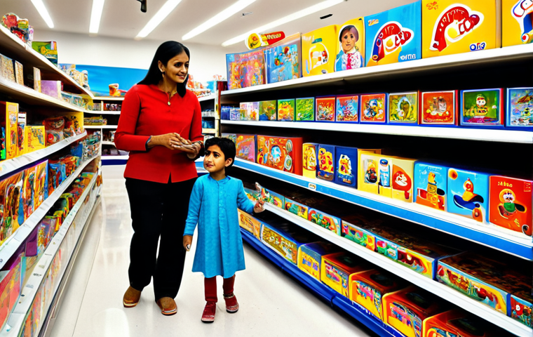 Toy Store Scene**
A brightly lit toy store filled with diverse toys. A mother, fully clothed in modest Indian attire, is browsing with her child. The child, also fully clothed, is pointing excitedly at a STEM learning kit. Shelves are stocked with colorful educational toys, building blocks, and puzzles. Background includes other families shopping. Focus on safe and appropriate toys for different age groups. Safe for work, appropriate content, fully clothed, family-friendly, professional photography, perfect anatomy, natural proportions.
**