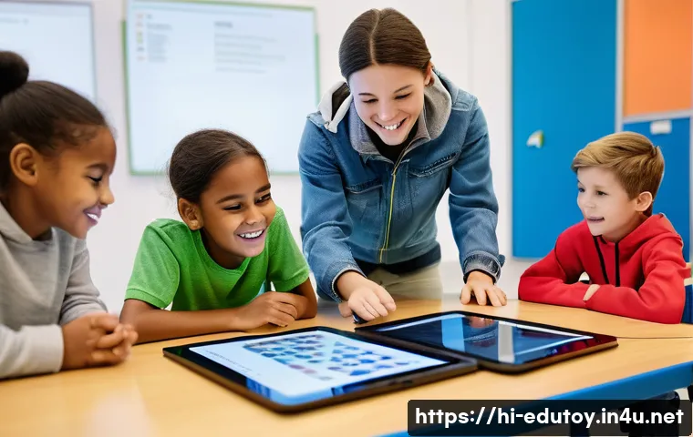 어린이 코딩 게임과 교육완구 - **Prompt 1: "Young children, aged 7-10, engaged in a vibrant and interactive coding lesson. A divers...